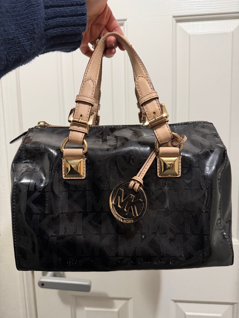 Michael Kors Black Patent Satchel With Tan Handles